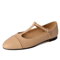 Round Toe Mary Janes T Sraps Loafers Sandals - Apricot Leather