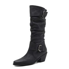 Pointed Toe Knee High Chunky Heels Vintage Pleated Wide Belt Buckle Biker Style Boots - Black Faux Leather