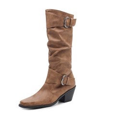 Pointed Toe Knee High Chunky Heels Vintage Pleated Wide Belt Buckle Biker Style Boots - Brown Faux Leather
