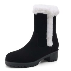 Round Toe Ankle High Chunky Heels Plush Slip On Snow Boots - Black Flock