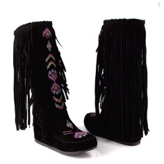 Round Toe Chunky Heels Fringe Decorated Ethnic Pattern Knee Highs Flats Boots - Black Flock