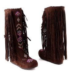 Round Toe Chunky Heels Fringe Decorated Ethnic Pattern Knee Highs Flats Boots - Brown Flock