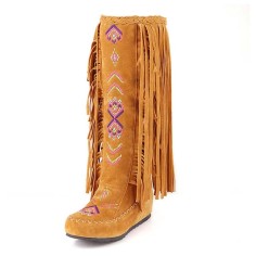 Round Toe Chunky Heels Fringe Decorated Ethnic Pattern Knee Highs Flats Boots - Yellow Flock