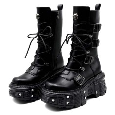 Round Toe Punk Rock Gothic Style Lace Up Platforms Chunky Heels Ankle Highs Boots - Black Faux Leather