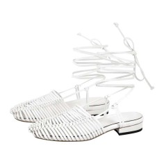 Round Toe Lace Up Straps Summer Gladiator Roman Style Flats Sandals - White Faux Leather