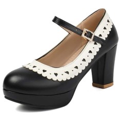Round Toe Chunky Heels Low Platforms Mary Janes Lolita French Maid Pumps - Black Faux Leather