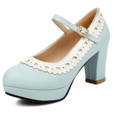 Round Toe Chunky Heels Low Platforms Mary Janes Lolita Pumps - Blue Faux Leather