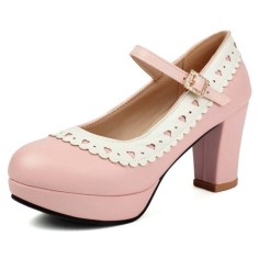 Round Toe Chunky Heels Low Platforms Mary Janes Lolita Pumps - Pink Faux Leather