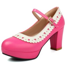 Round Toe Chunky Heels Low Platforms Mary Janes Lolita Pumps - Rose Faux Leather