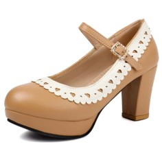 Round Toe Chunky Heels Low Platforms Mary Janes Lolita Pumps - Yellow Faux Leather