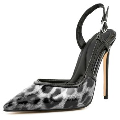 Pointed Toe Stiletto Heels Slingback Leopard Pumps - Black White Patent