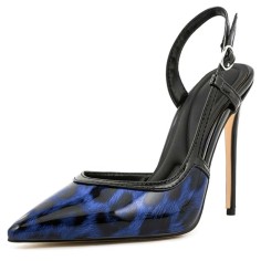 Pointed Toe Stiletto Heels Slingback Leopard Pumps - Blue Patent