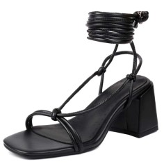 Peep Toe Chunky Heels Ankle Gladiator Straps Summer Sandals - Black Faux Leather