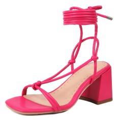 Peep Toe Chunky Heels Ankle Gladiator Straps Summer Sandals - Rose Faux Leather