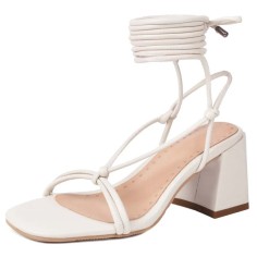 Peep Toe Chunky Heels Ankle Gladiator Straps Summer Sandals - White Faux Leather