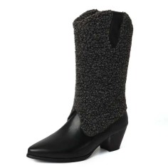 Pointed Toe Knee High Chunky Heels Plush Western Snow Boots - Black Faux Leather