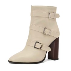 Pointed Toe Three Rows of Metal Belt Buckles Ankle Highs Chunky Heels Zipper Boots - Beige Faux Leather