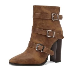 Pointed Toe Three Rows of Metal Belt Buckles Ankle Highs Chunky Heels Zipper Boots - Brown Flock