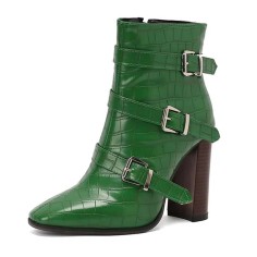 Pointed Toe Three Rows of Metal Belt Buckles Ankle Highs Chunky Heels Zipper Crocodile Pattern Boots - Green Faux Leather
