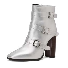 Pointed Toe Three Rows of Metal Belt Buckles Ankle Highs Chunky Heels Zipper Boots - Silver Faux Leather