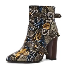 Pointed Toe Three Rows of Metal Belt Buckles Ankle Highs Chunky Heels Zipper Snake Pattern Boots - Multicolor Faux Leather