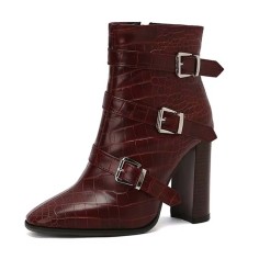 Pointed Toe Three Rows of Metal Belt Buckles Ankle Highs Chunky Heels Zipper Crocodile Pattern Boots - Wine Faux Leather