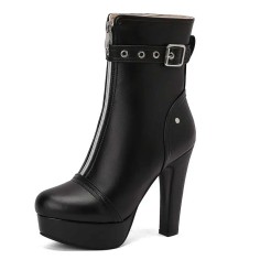 Round Toe Platforms Cuban Block Heels Front Zipper Decorated Straps Ankle Highs Boots - Black Faux Leather