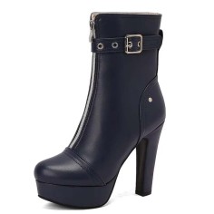 Round Toe Platforms Cuban Block Heels Front Zipper Decorated Straps Ankle Highs Boots - Blue Faux Leather
