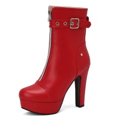 Round Toe Platforms Cuban Block Heels Front Zipper Decorated Straps Ankle Highs Boots - Red Faux Leather