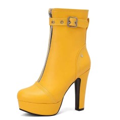 Round Toe Platforms Cuban Block Heels Front Zipper Decorated Straps Ankle Highs Boots - Yellow Faux Leather