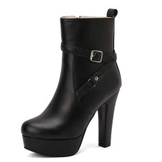 Round Toe Platforms Cuban Block Heels Side Zipper Decorated Straps Ankle Highs Boots - Black Faux Leather