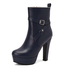 Round Toe Platforms Cuban Block Heels Side Zipper Decorated Straps Ankle Highs Boots - Blue Faux Leather