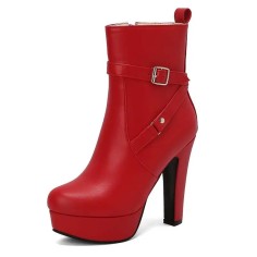 Round Toe Platforms Cuban Block Heels Side Zipper Decorated Straps Ankle Highs Boots - Red Faux Leather