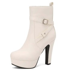 Round Toe Platforms Cuban Block Heels Side Zipper Decorated Straps Ankle Highs Boots - White Faux Leather
