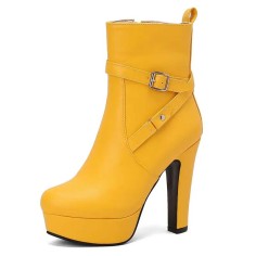 Round Toe Platforms Cuban Block Heels Side Zipper Decorated Straps Ankle Highs Boots - Yellow Faux Leather