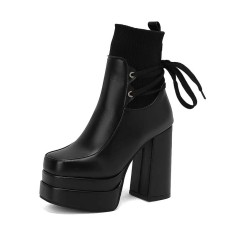 Square Toe Double Platform Chunky Heels Cute Socks Decarated Lace Up Boots - Black Faux Leather