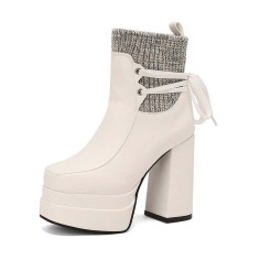 Square Toe Double Platform Chunky Heels Cute Socks Decarated Lace Up Boots - White Faux Leather