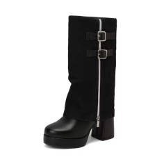 Round Toe Double Row Belt Buckle Zipper Denim Patchwork Platforms Chunky Heels Boots - Black Faux Leather