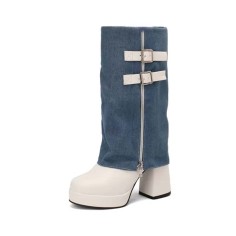 Round Toe Double Row Belt Buckle Zipper Denim Patchwork Platforms Chunky Heels Boots - SkyBlue Faux Leather