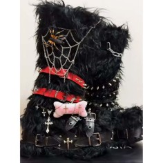 Round Toe Knee Highs Customized Rivet Decorated Bonding Straps Gothic Punk Boots - Black Faux Fur