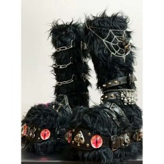 Round Toe Knee Highs Customized Rivet Decorated Bonding Straps Gothic Punk Boots - Black Faux Fur