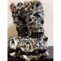 Round Toe Knee Highs Customized Rivet Decorated Bonding Straps Gothic Punk Boots - Gray Faux Fur