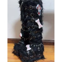 Round Toe Knee Highs Customized Rivet Decorated Bonding Straps Gothic Punk Boots - Black Faux Fur