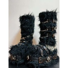 Round Toe Knee Highs Customized Rivet Decorated Bonding Straps Gothic Punk Boots - Black Faux Fur