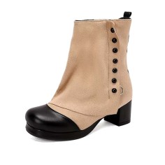 Round Toe Chunky Heels Vertical Rivet Side Zipper Patchwork Ankle Highs Boots - Beige Flock