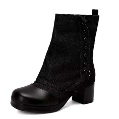 Round Toe Chunky Heels Vertical Rivet Side Zipper Patchwork Ankle Highs Boots - Black Denim