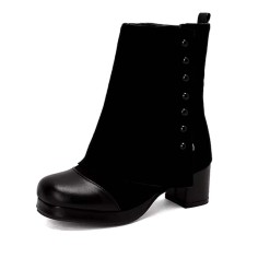 Round Toe Chunky Heels Vertical Rivet Side Zipper Patchwork Ankle Highs Boots - Black Flock