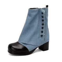 Round Toe Chunky Heels Vertical Rivet Side Zipper Patchwork Ankle Highs Boots - SkyBlue Denim