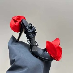 Peep Toe Gladiator Straps Rose Flower Decorated Stilettos Sandals - Black Red Silk