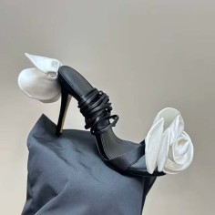 Peep Toe Gladiator Straps Rose Flower Decorated Stilettos Sandals - Black White Silk